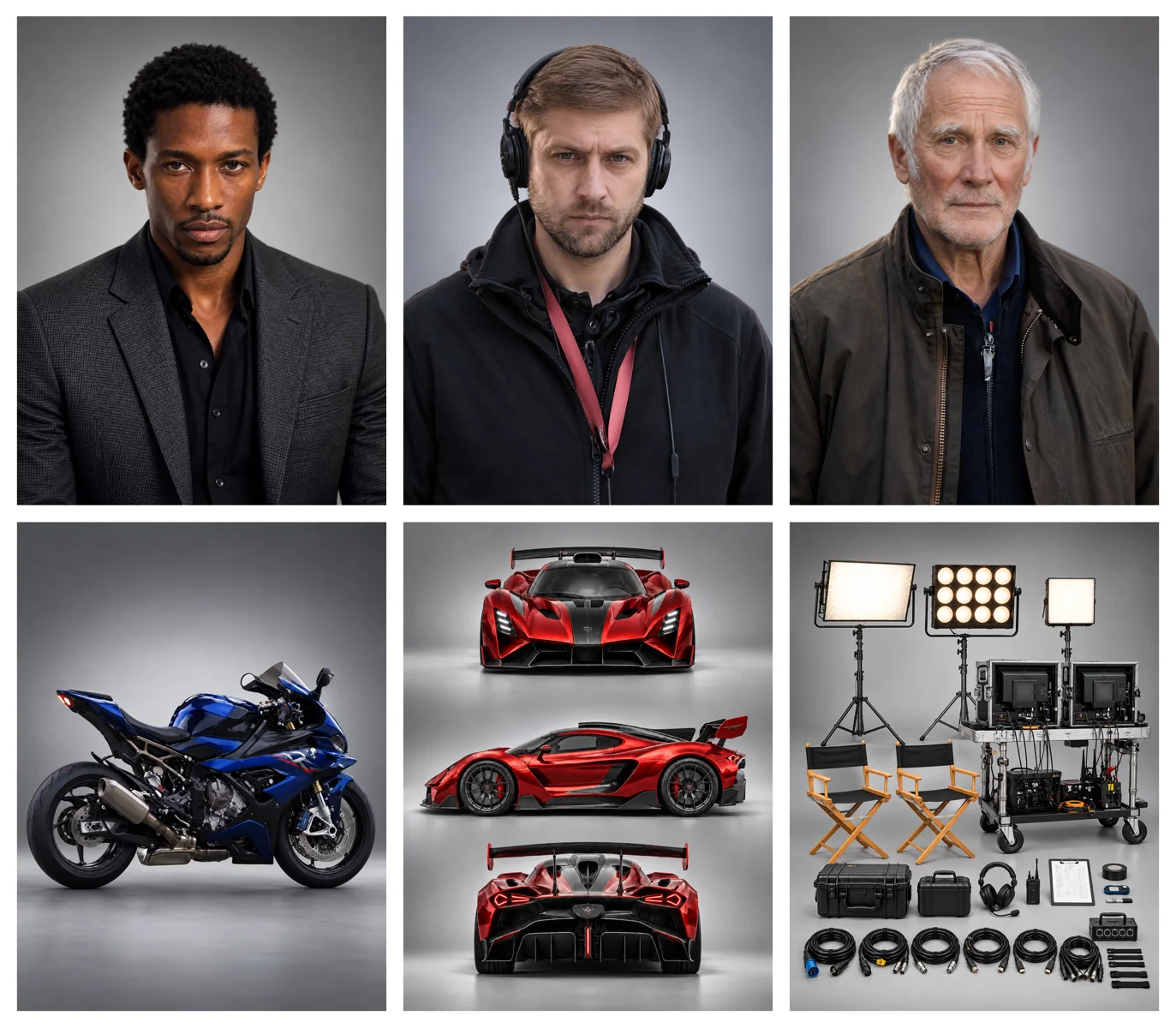 Official reference grid with three character portraits, a motorcycle, a red sports car and film-set equipment