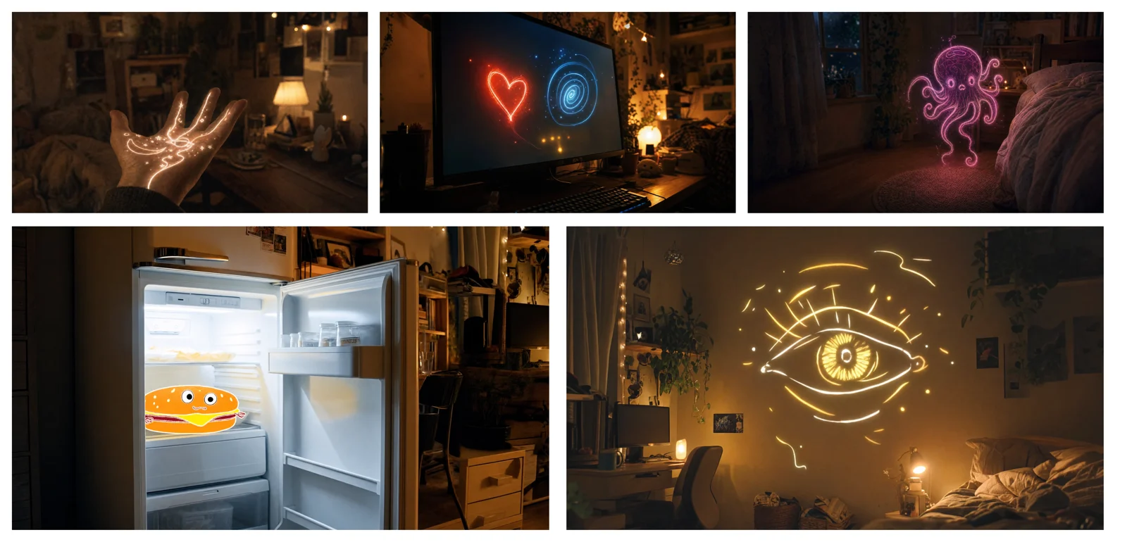 Five keyframe panels showing a glowing hand, neon shapes, a jellyfish, an open fridge and a luminous eye in a room