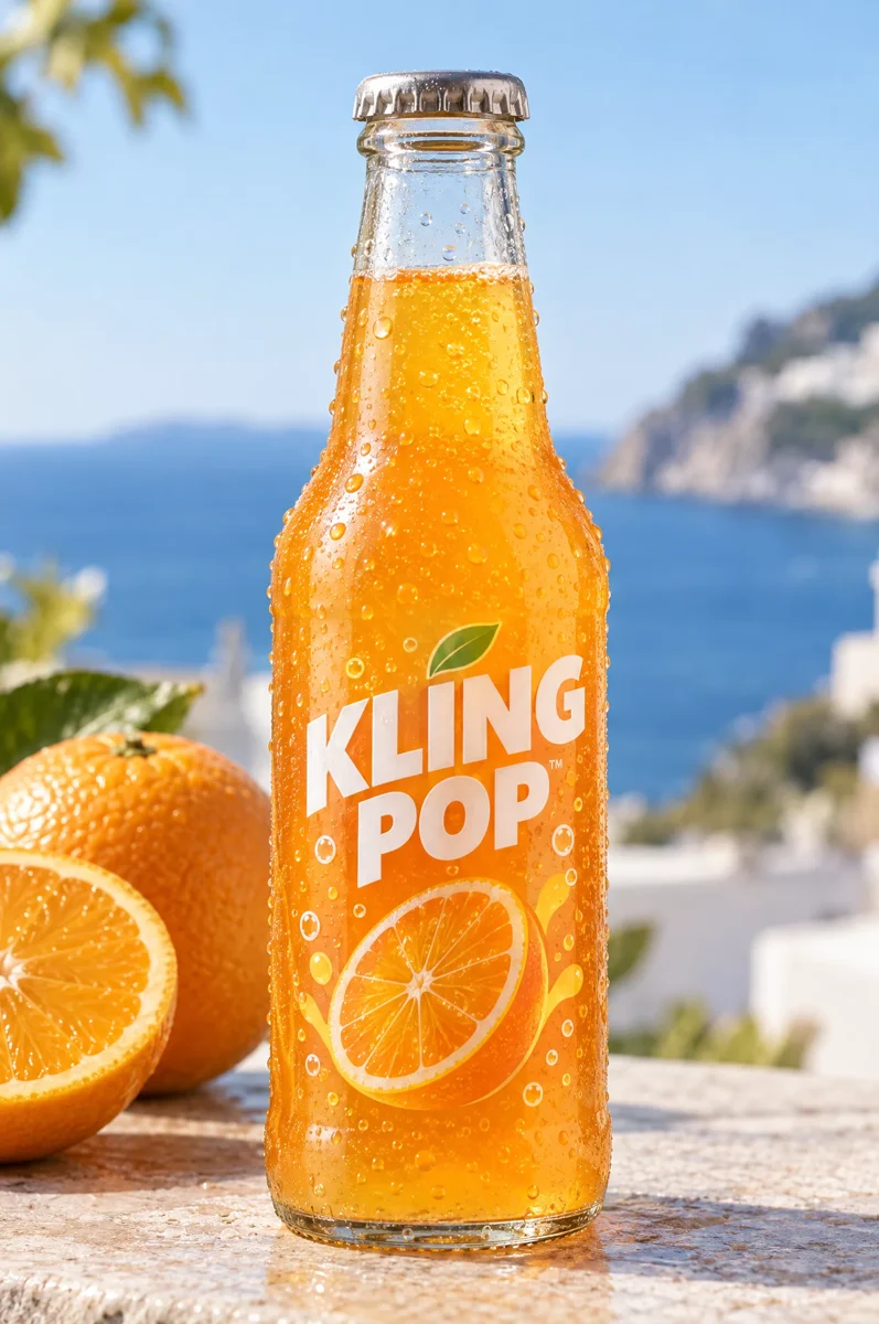 Kling Pop orange drink bottle on a sunlit terrace beside oranges